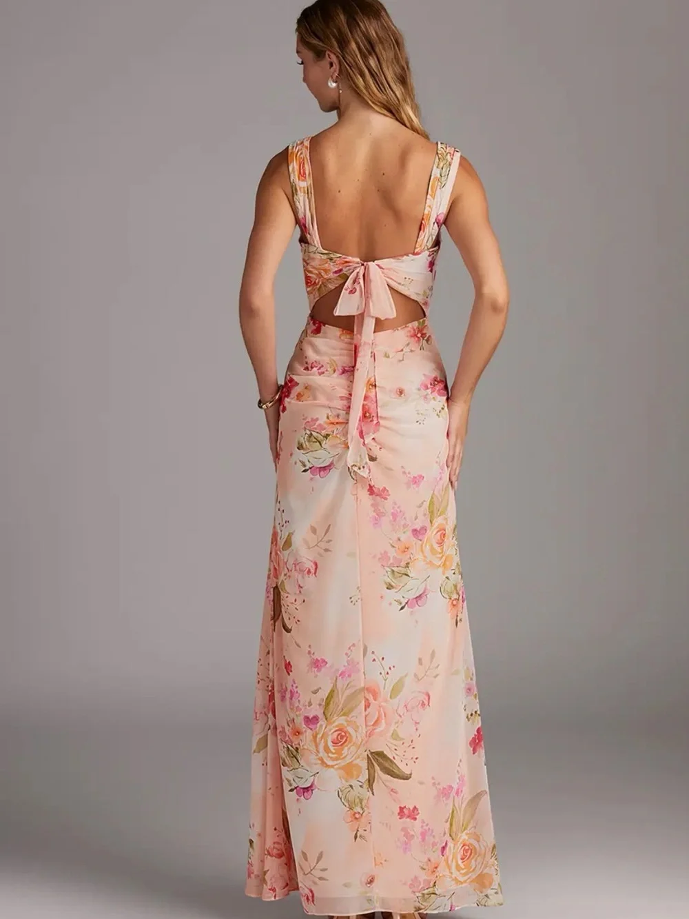 Azazie Abstract bouquet floral sheath bow chiffon Maxi dress